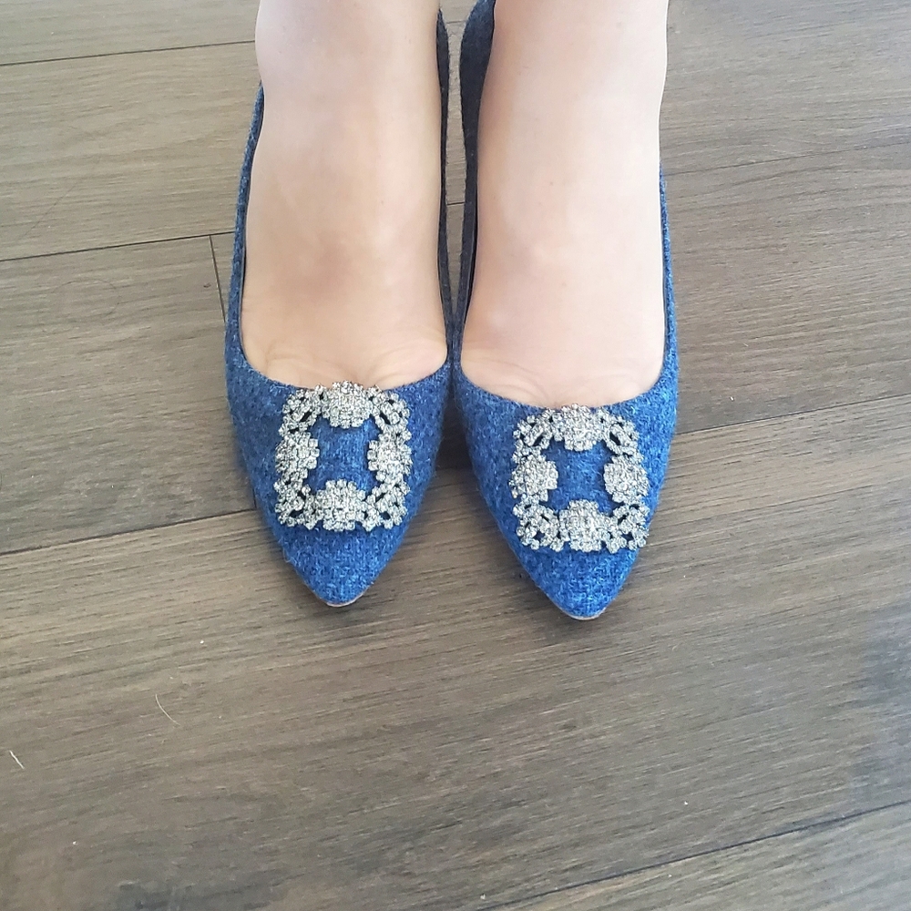 👑 9X HOST PICK 👑 Manolo Blahnik Hangisi 90 mm Pumps Blue Tweed - Picture 5 of 10